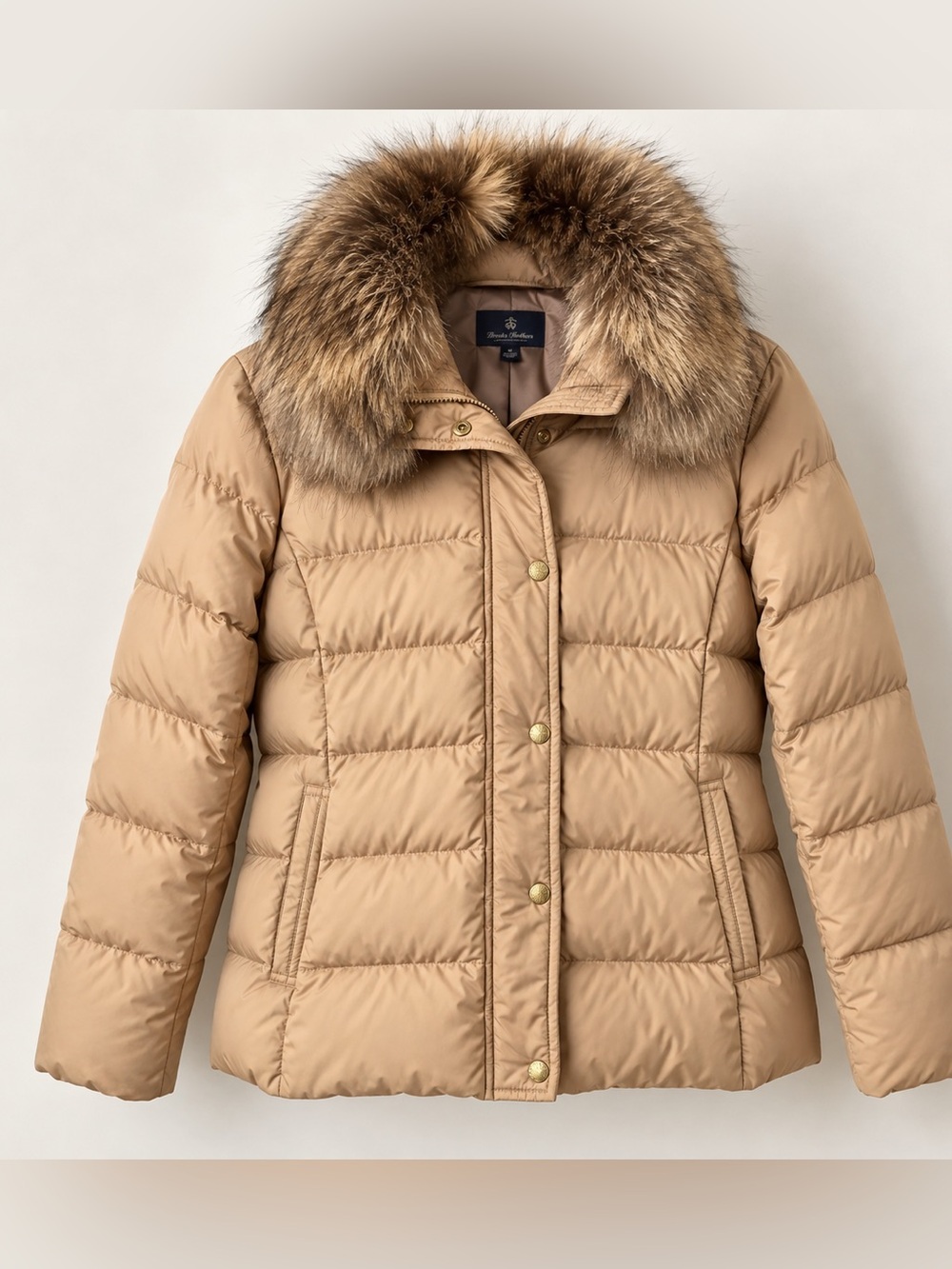 Brooks Brothers Down Puffer Natural Raccoon Fur Collar Tan M